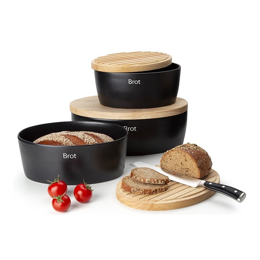Continenta C3730 - Brotkasten mit Deckel 30x23 cm schwarz/Gummibaumholz