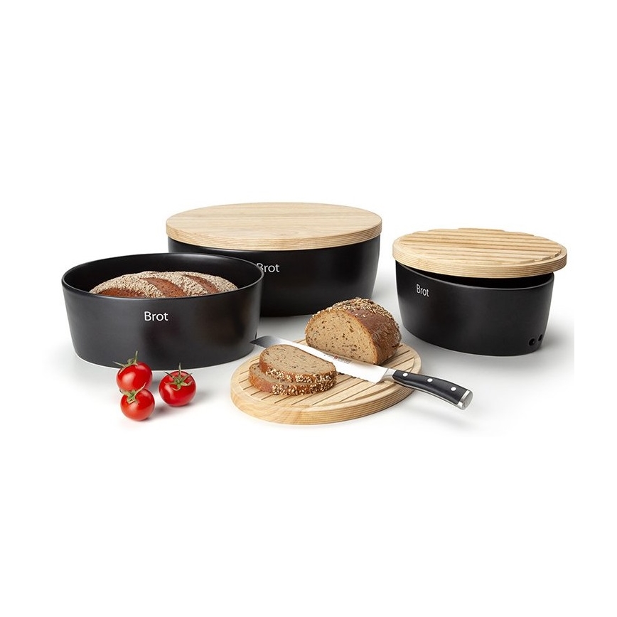 Continenta C3730 - Brotkasten mit Deckel 30x23 cm schwarz/Gummibaumholz