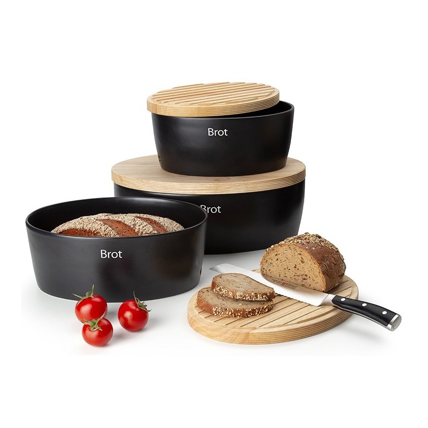 Continenta C3732 - Brotkasten mit Deckel 36 x 23 cm schwarz/Gummibaumholz