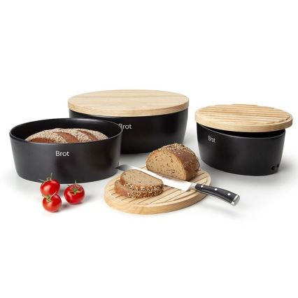 Continenta C3732 - Brotkasten mit Deckel 36 x 23 cm schwarz/Gummibaumholz