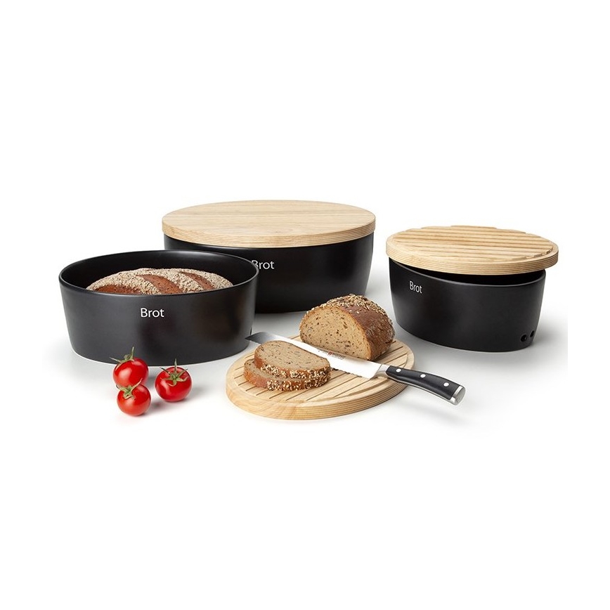 Continenta C3732 - Brotkasten mit Deckel 36 x 23 cm schwarz/Gummibaumholz