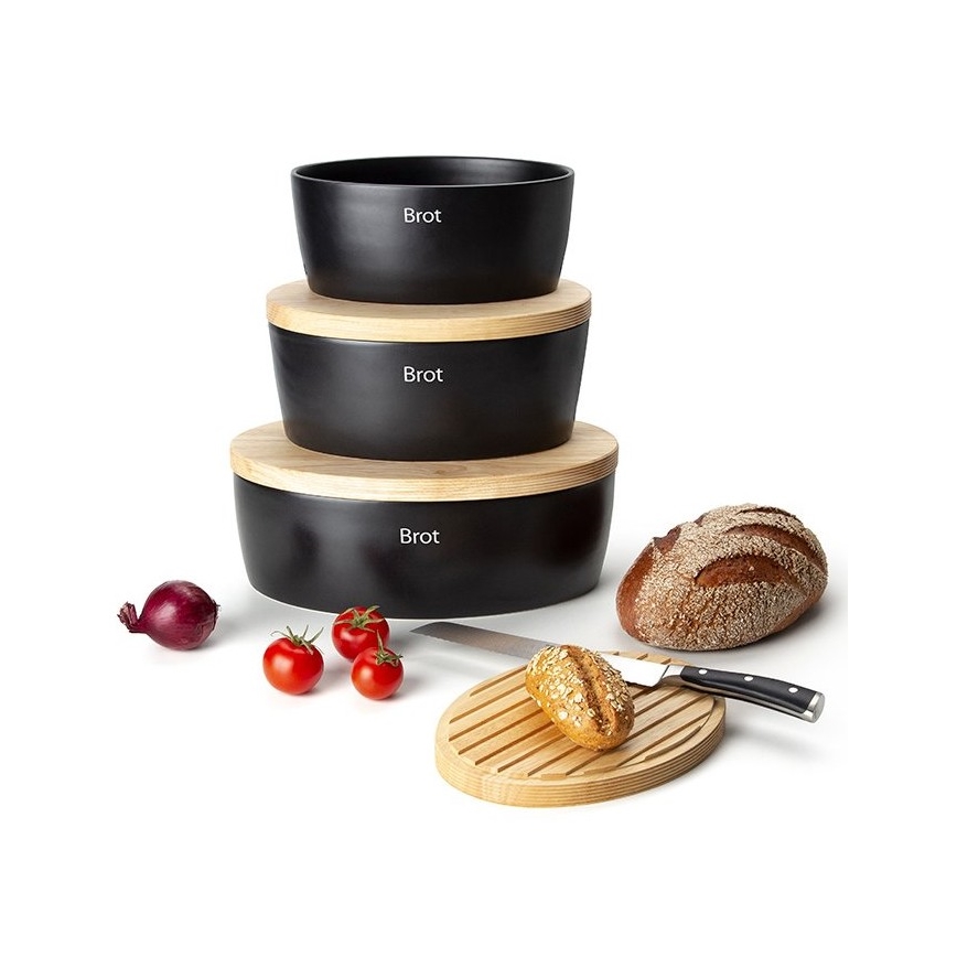 Continenta C3732 - Brotkasten mit Deckel 36 x 23 cm schwarz/Gummibaumholz