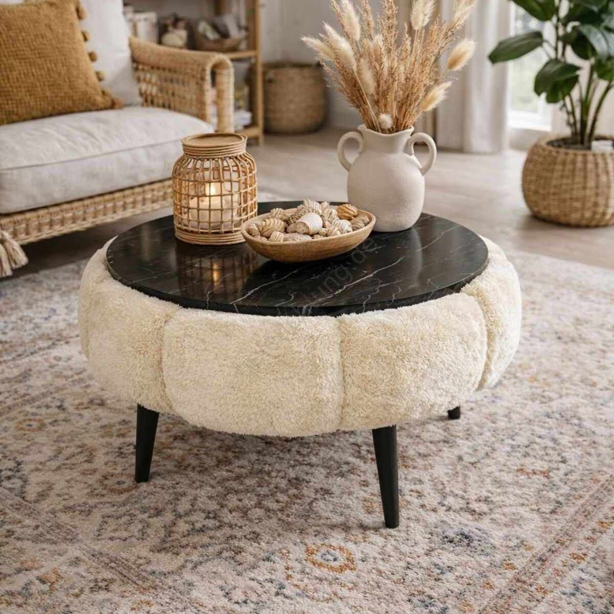 Couchtisch FELPO Ø 60 cm schwarz/creme/Marmor-Dekor