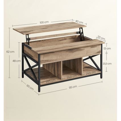 Couchtisch NYRO mit Hebefunktion, braun/schwarz