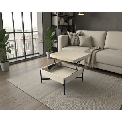 Couchtisch OASIS 75x75 cm mit Hebefunktion und Ablagefach, creme/schwarz