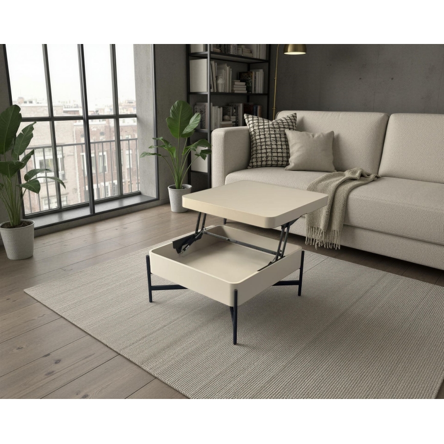 Couchtisch OASIS 75x75 cm mit Hebefunktion und Ablagefach, creme/schwarz