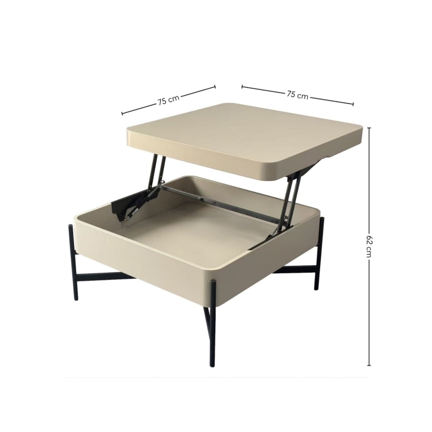 Couchtisch OASIS 75x75 cm mit Hebefunktion und Ablagefach, creme/schwarz