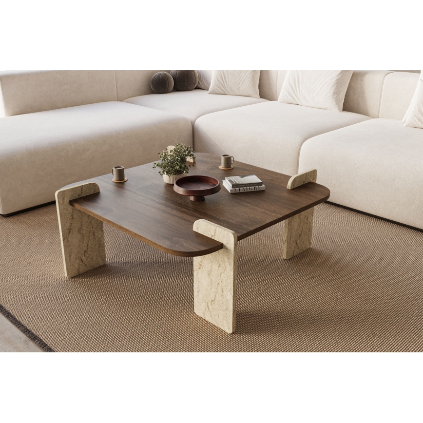 Couchtisch PURO 90x90 cm Nussbaum/Travertin