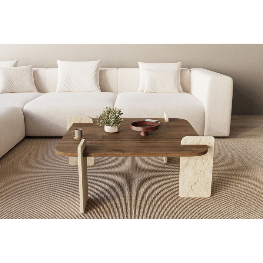 Couchtisch PURO 90x90 cm Nussbaum/Travertin
