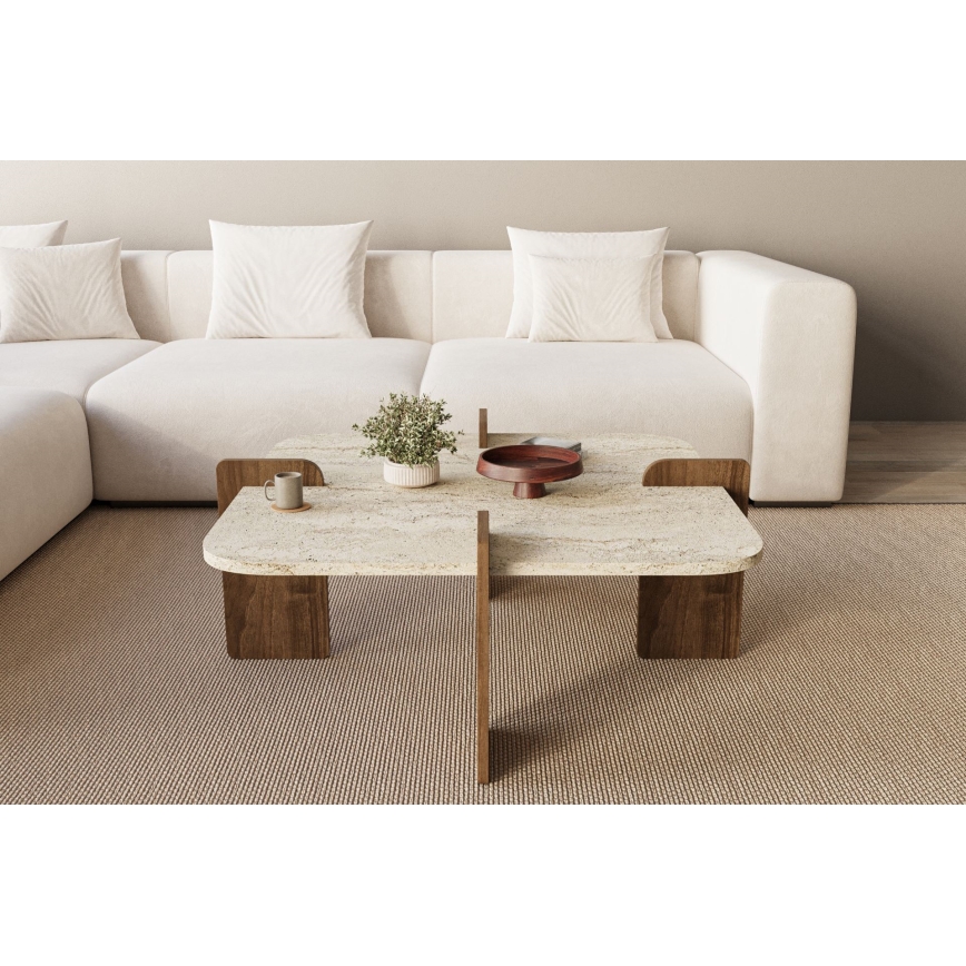 Couchtisch PURO 90x90 cm Travertin/Nussbaum