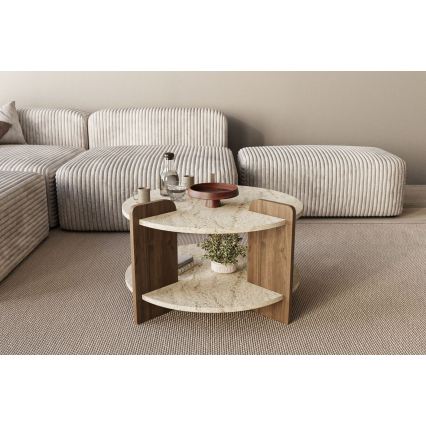 Couchtisch PURO, Ø 70 cm, Travertin/Walnuss
