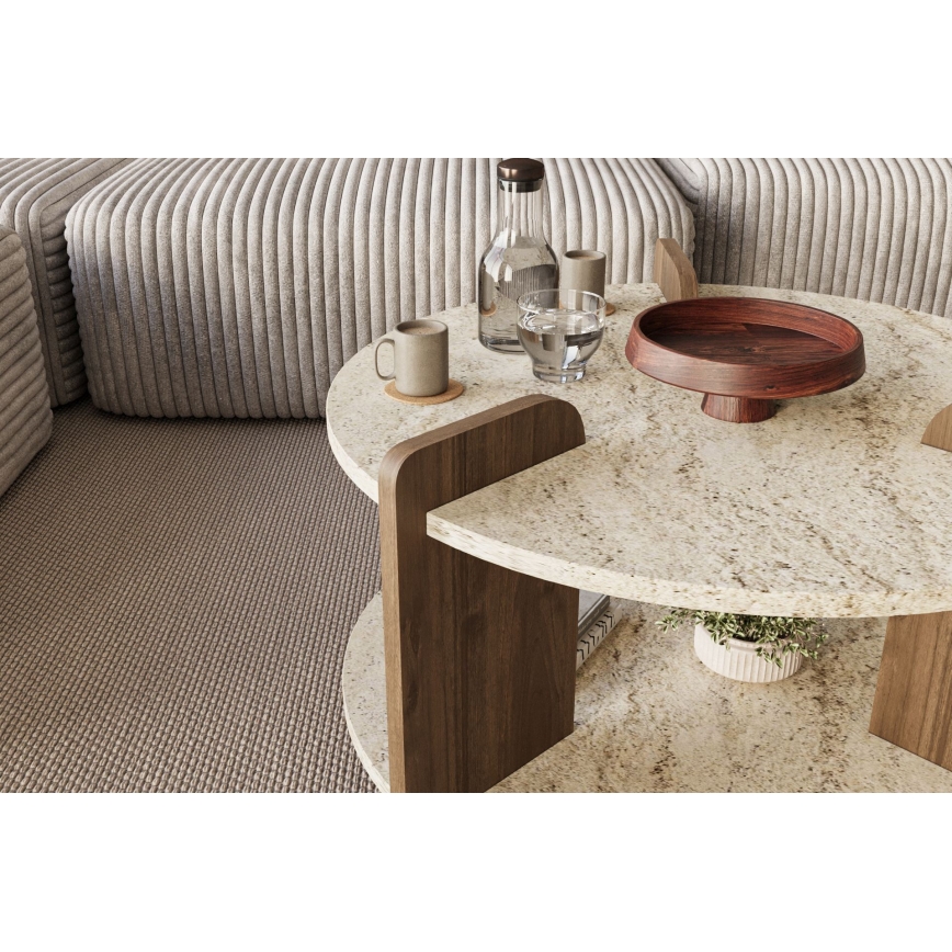 Couchtisch PURO, Ø 70 cm, Travertin/Walnuss