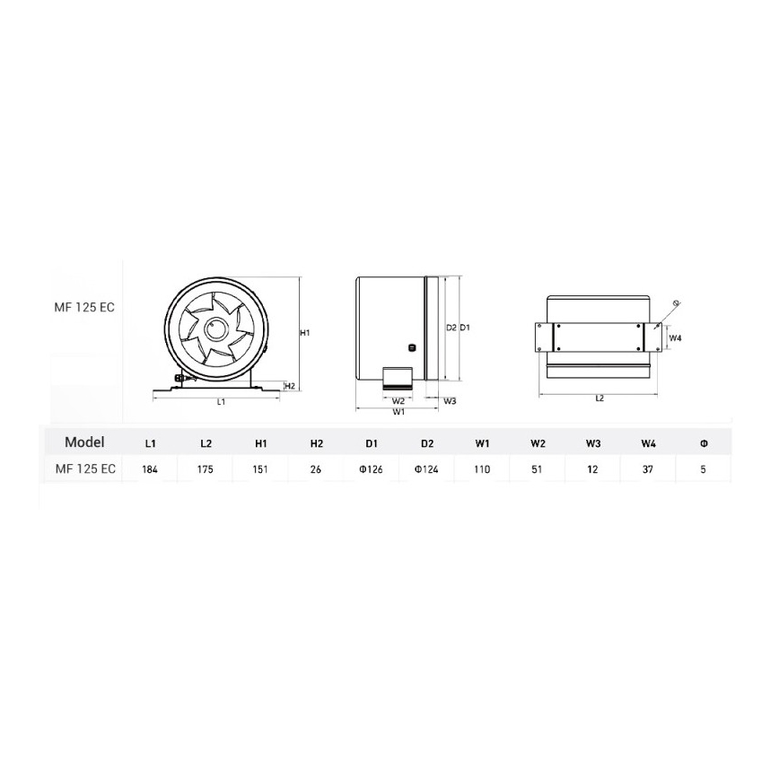 Dalap 24MF125 - Rohrventilator mit energiesparendem Motor und Drehzahlregler MF 125 EC 20W/230V