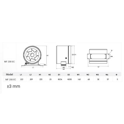 Dalap 24MF200 - Rohrventilator mit energiesparendem Motor und Drehzahlregler MF 200 EC 75W/230V