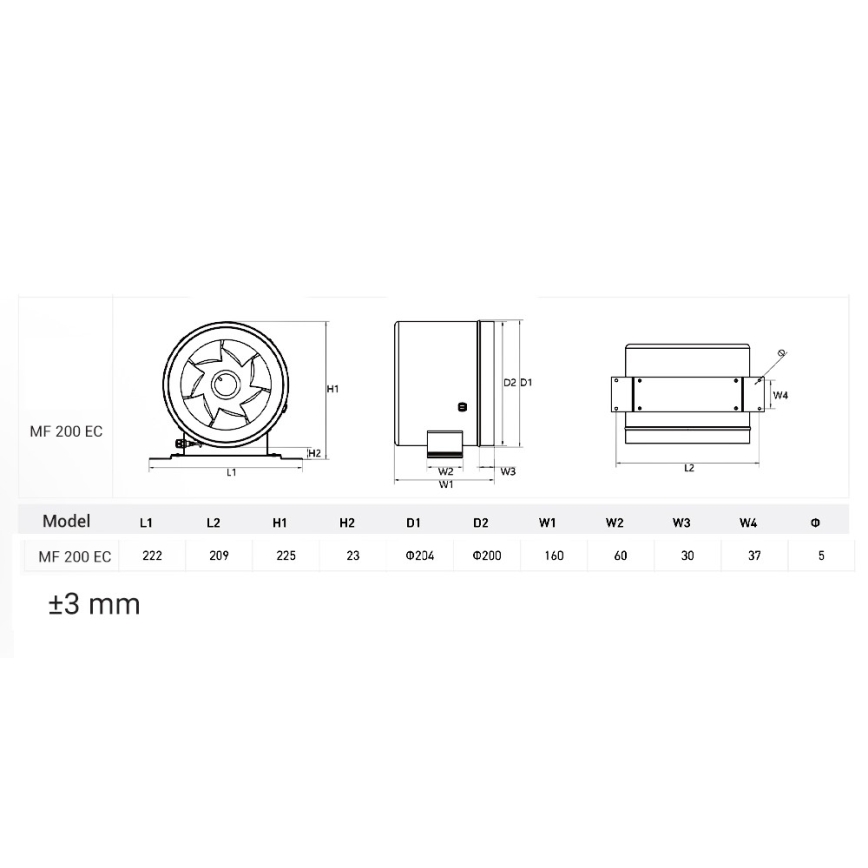 Dalap 24MF200 - Rohrventilator mit energiesparendem Motor und Drehzahlregler MF 200 EC 75W/230V