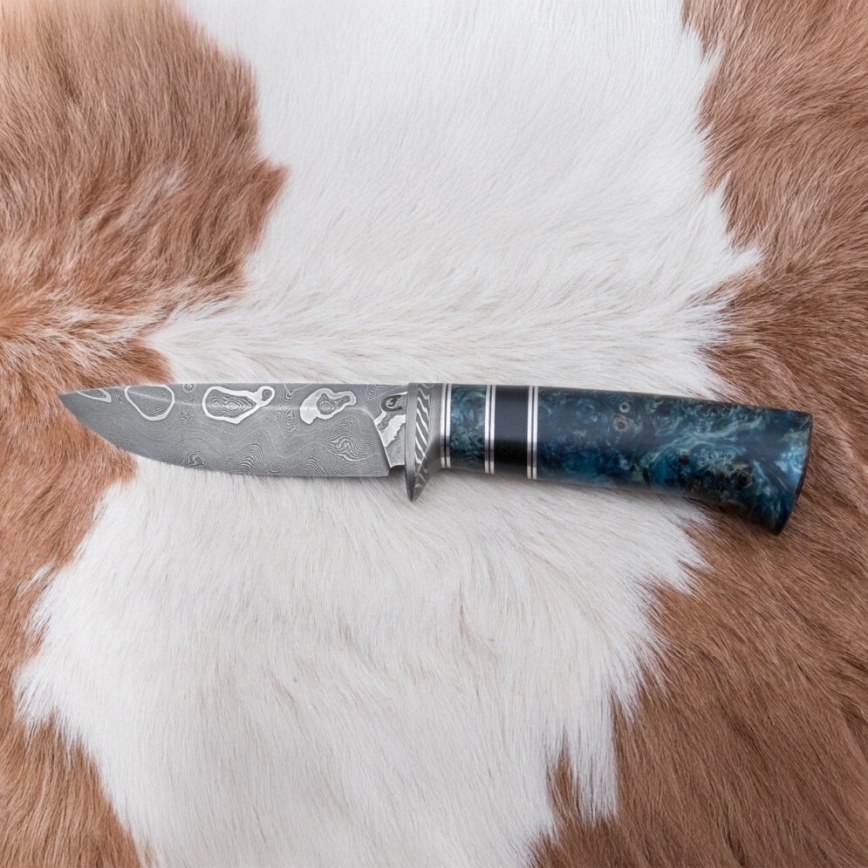 Damast-Jagdmesser 11,6 cm Birke/Ebenholz