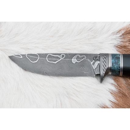 Damast-Jagdmesser 11,6 cm Birke/Ebenholz
