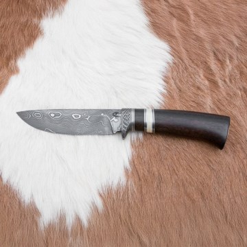 Damast-Jagdmesser 12,7 cm Ziricote/Büffelknochen