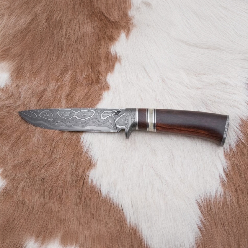 Damast-Jagdmesser 13,8 cm Eisenholz/Büffelknochen