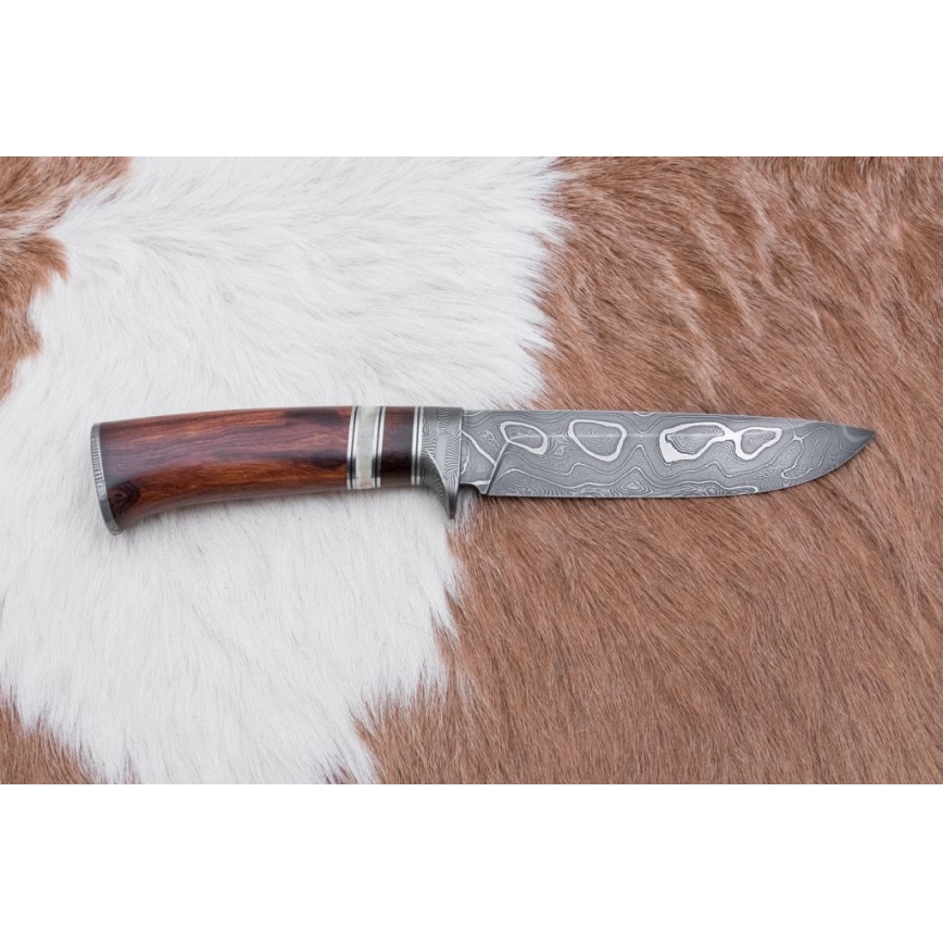Damast-Jagdmesser 13,8 cm Eisenholz/Büffelknochen