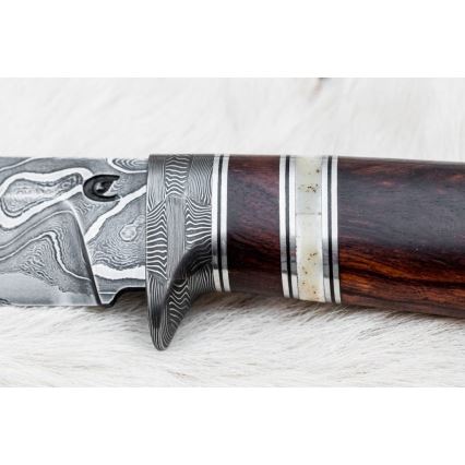 Damast-Jagdmesser 13,8 cm Eisenholz/Büffelknochen
