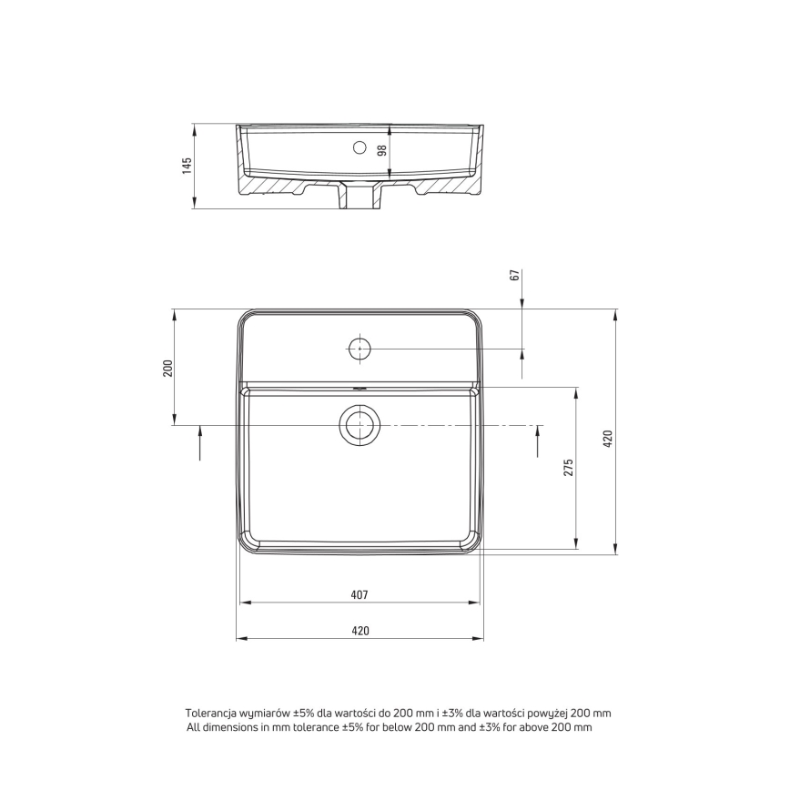 Deante CGS_6U4B - Aufsatzwaschbecken mit Hahnloch SQUARE 42x42 cm Keramik/weiß
