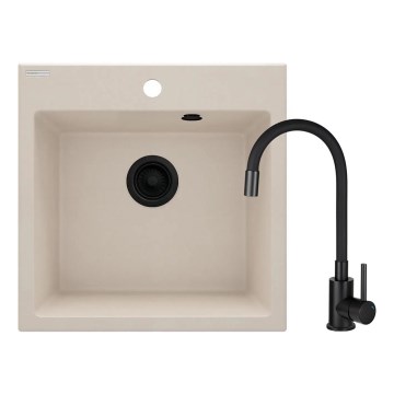 Deante ZQJN5103 - Küchenspüle EVORA 50x50 cm + Wasserhahn (Armatur) mit flexiblem Arm Granit/beige