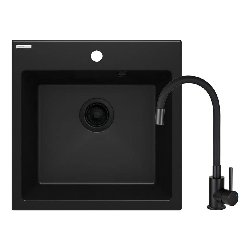 Deante ZQJNN103 - Küchenspüle EVORA 50x50 cm + Wasserhahn (Armatur) mit flexiblem Arm Granit/schwarz