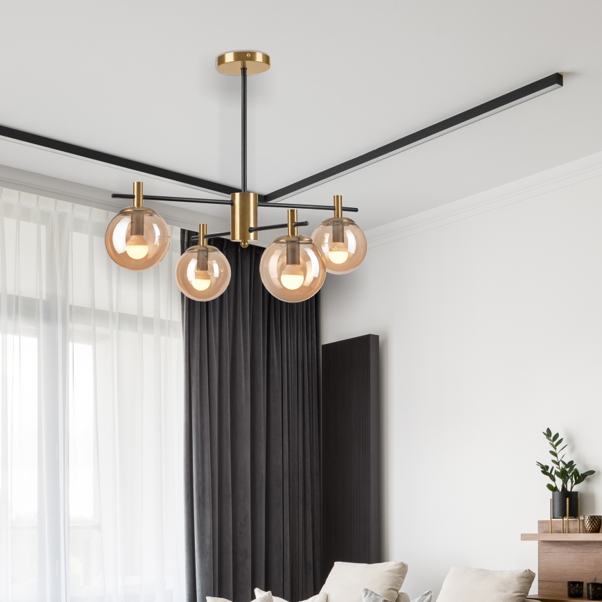 Deckenleuchte an Stange LILOU 4xE14/5W/230V golden/schwarz/rauchig beige