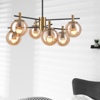 Deckenleuchte an Stange LILOU 6xE14/5W/230V golden/schwarz/rauchig beige