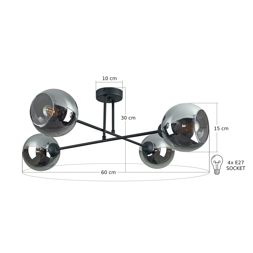 Deckenleuchte an Stange VASCO 4xE27/60W/230V schwarz/rauchig schwarz