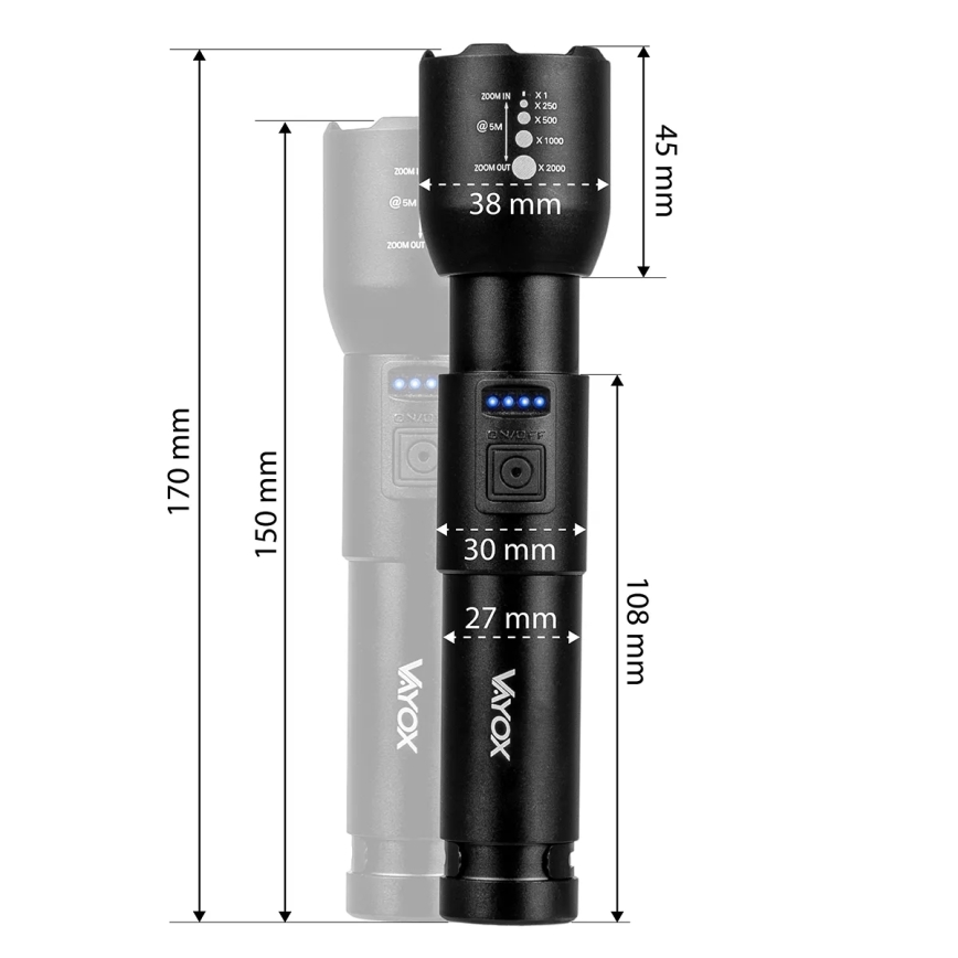 Dimmbare, aufladbare LED-Taschenlampe LED/20W/5V IPX4 800 glänzend 2000 mAh