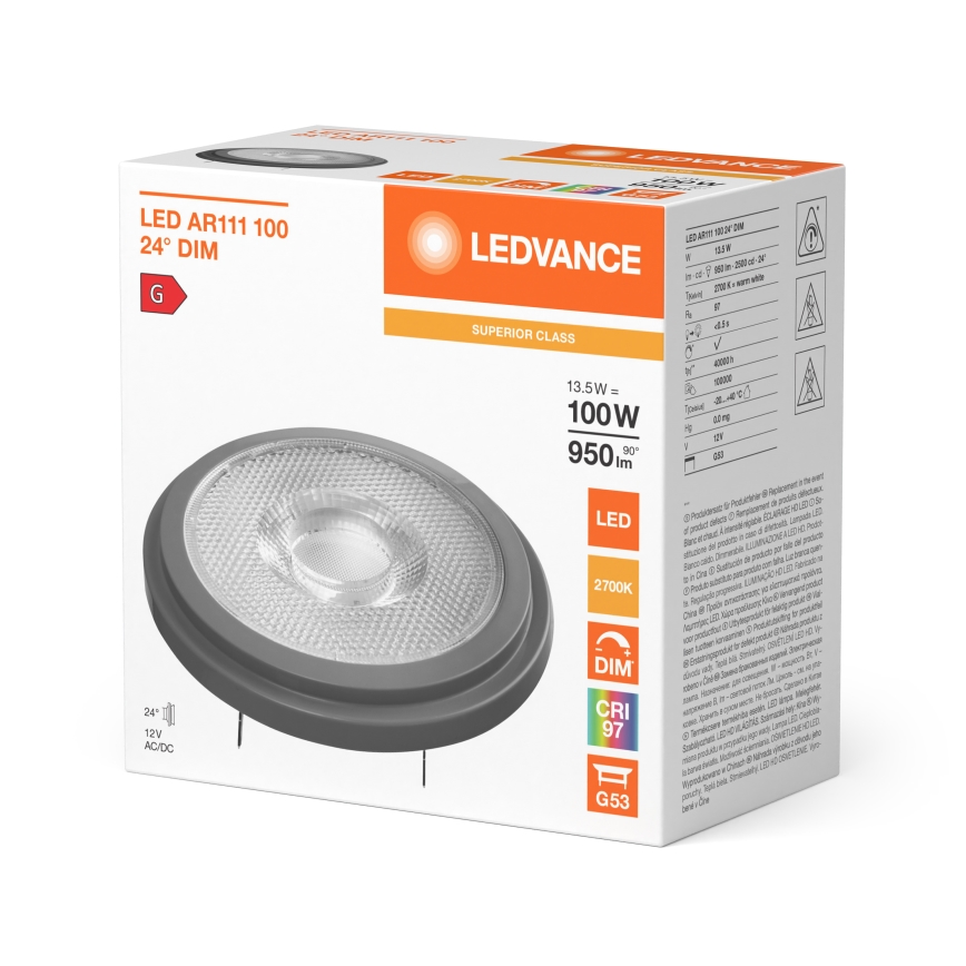 Dimmbare LED-Reflektorlampe AR111 G53/13,5W/12V 2700K 24° CRI 97 - Ledvance
