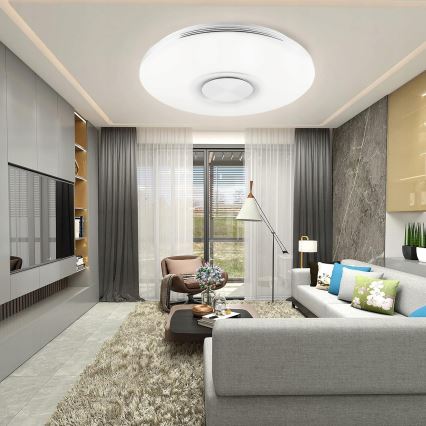 LED RGBW dimmbare Deckenleuchte mit integriertem Lautsprecher, LED/60W/230V, 3000–6000K, Ø 40 cm, Weiß + Fernbedienung