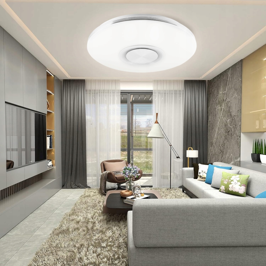 LED RGBW dimmbare Deckenleuchte mit integriertem Lautsprecher, LED/60W/230V, 3000–6000K, Ø 40 cm, Weiß + Fernbedienung