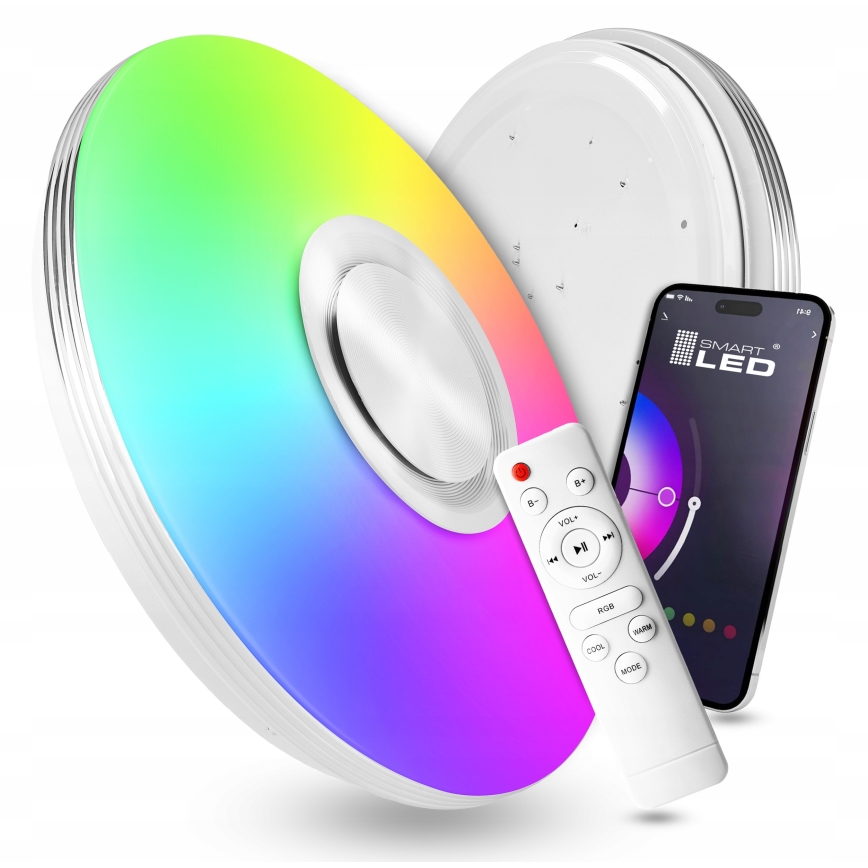 LED RGBW dimmbare Deckenleuchte mit integriertem Lautsprecher, LED/60W/230V, 3000–6000K, Ø 40 cm, Weiß + Fernbedienung
