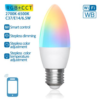 Dimmbare LED-RGBW-Glühlampe C37 E27/6,5W/230V 2700-6500K Wi-Fi - Aigostar