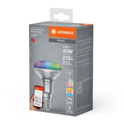 Dimmbare LED-RGBW-Reflektorlampe SMART+ R50 E14/3,3W/230V 2700-6500K Wi-Fi - Ledvance