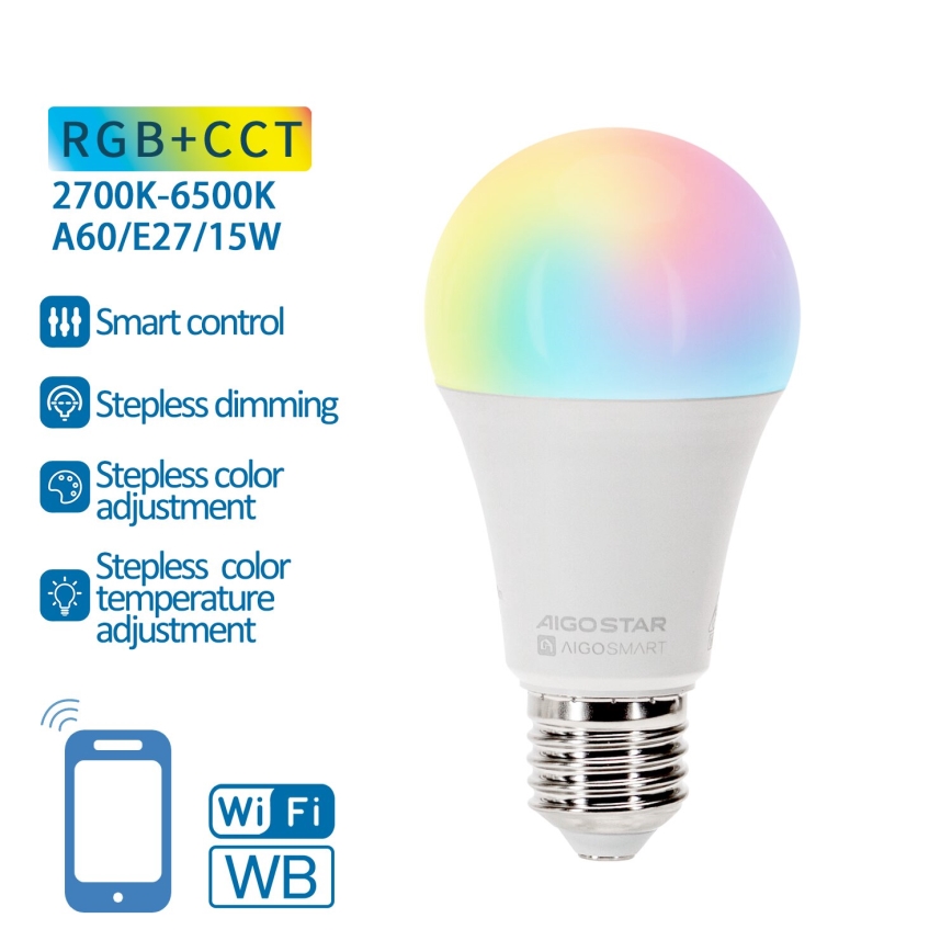 Dimmbare LED-RGBW-Lampe A60 E27/15W/230V 2700-6500K Wi-Fi - Aigostar