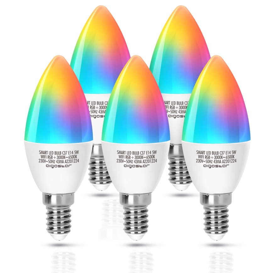Dimmbare LED-RGBW-Lampe C37 E14/5W/230V 3000-6500K Wi-Fi - Aigostar