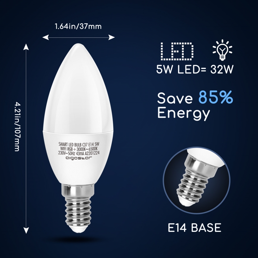 Dimmbare LED-RGBW-Lampe C37 E14/5W/230V 3000-6500K Wi-Fi - Aigostar