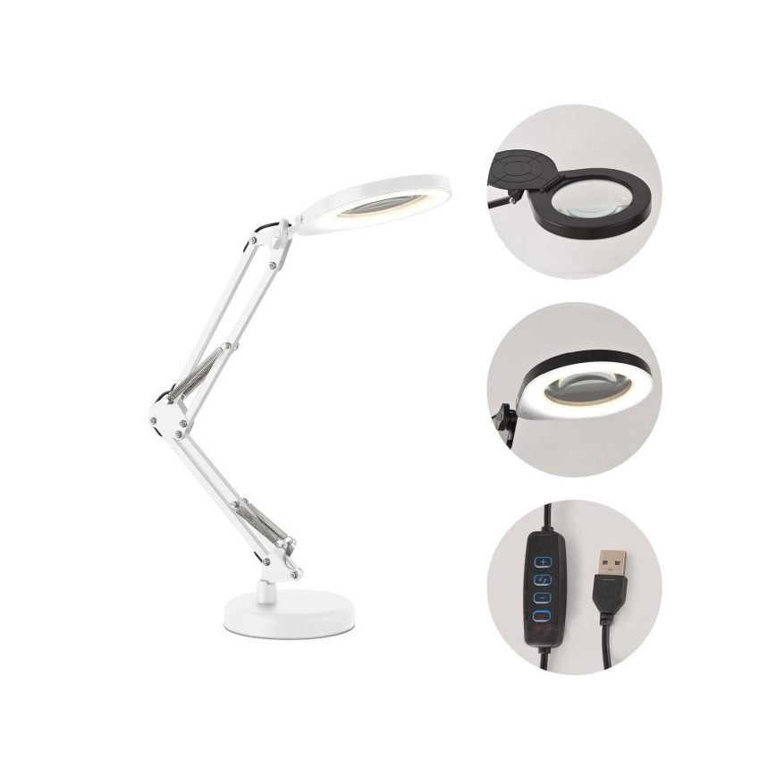 Dimmbare LED-Tischlampe mit Lupe 2-in-1 AURIQ LOUPE LED/10W/5V 3000/4000/6500K weiß