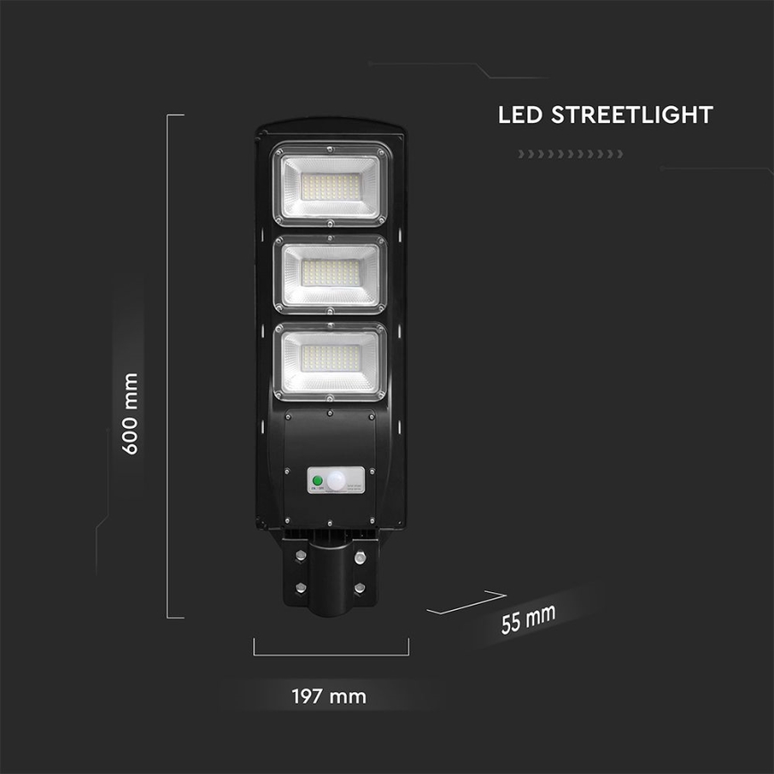 Dimmbare LED-Solar-Straßenleuchte mit Bewegungs- und Dämmerungssensor LED/12W/3,2V 6000K IP65 10000 mAh schwarz + Fernbedienung