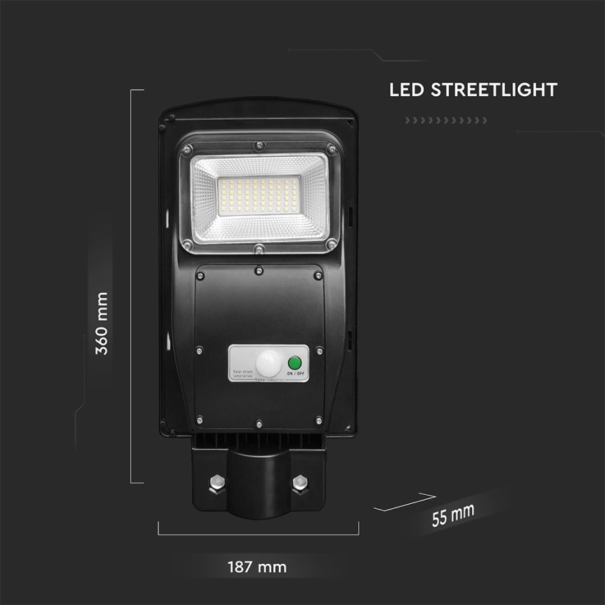 Dimmbare LED-Solar-Straßenleuchte mit Bewegungs- und Dämmerungssensor LED/6W/3,2V 6000K IP65 5000 mAh schwarz + Fernbedienung
