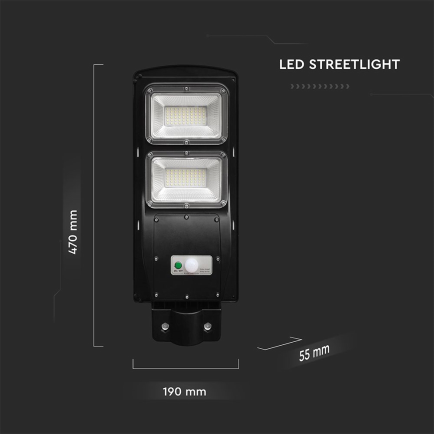 Dimmbare LED-Solar-Straßenleuchte mit Bewegungs- und Dämmerungssensor LED/8W/3,2V 6000K IP65 9000 mAh schwarz + Fernbedienung