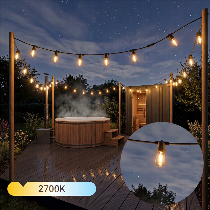 Dimmbare, solarbetriebene LED-Dekorations-Lichterkette 10xE27/0,3W/3/5V USB 2400 mAh 10,62 m IP65 schwarz + Fernbedienung