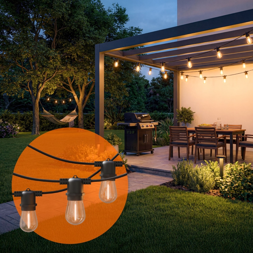 Dimmbare, solarbetriebene LED-Dekorations-Lichterkette 10xE27/0,3W/3/5V USB 2400 mAh 10,62 m IP65 schwarz + Fernbedienung