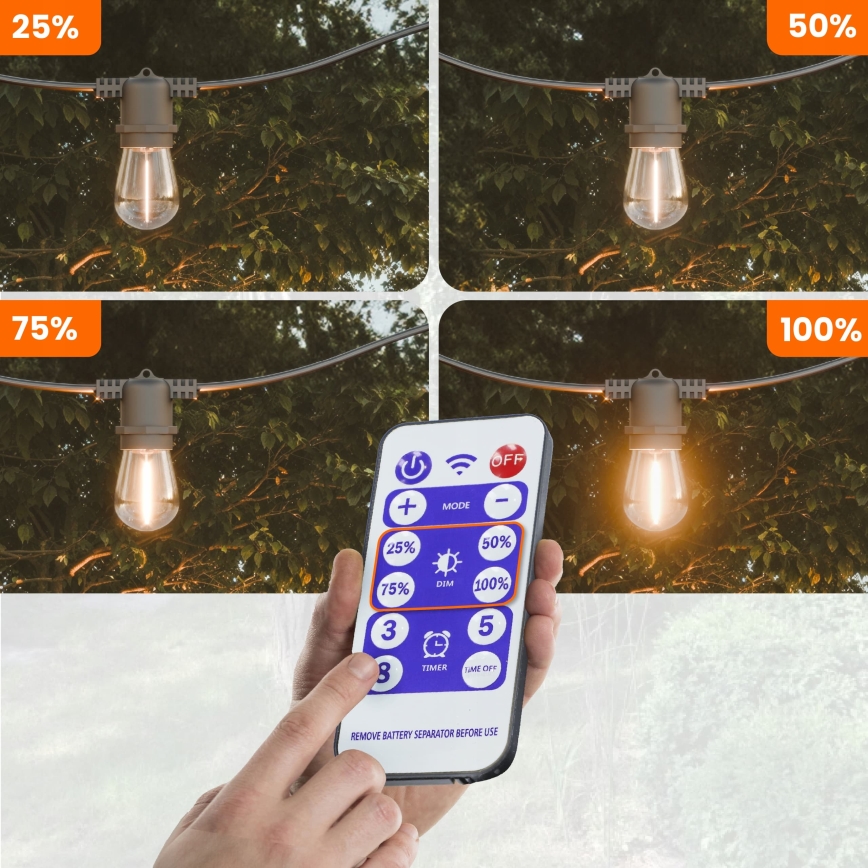 Dimmbare, solarbetriebene LED-Dekorations-Lichterkette 10xE27/0,3W/3/5V USB 2400 mAh 10,62 m IP65 schwarz + Fernbedienung