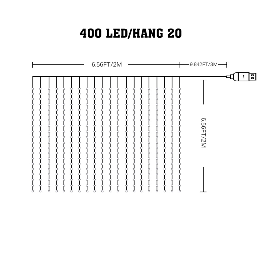 Dimmbarer LED-RGB-Weihnachtslichtervorhang WIZARD 400xLED/USB 2x2m + Fernbedienung
