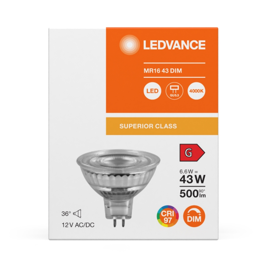 Dimmbare LED-Reflektorlampe MR16 GU5,3/6,6W/12V 4000K 36° CRI 97 - Ledvance